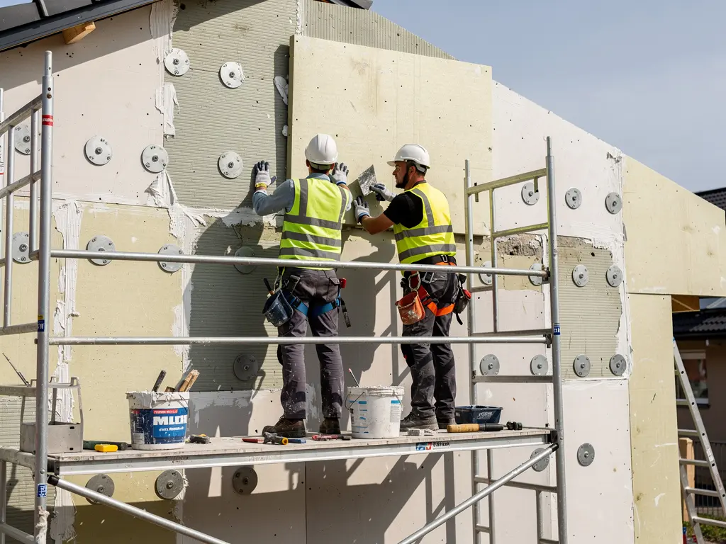 Panneaux isolants fixés sur une façade depuis un échafaudage de chantier